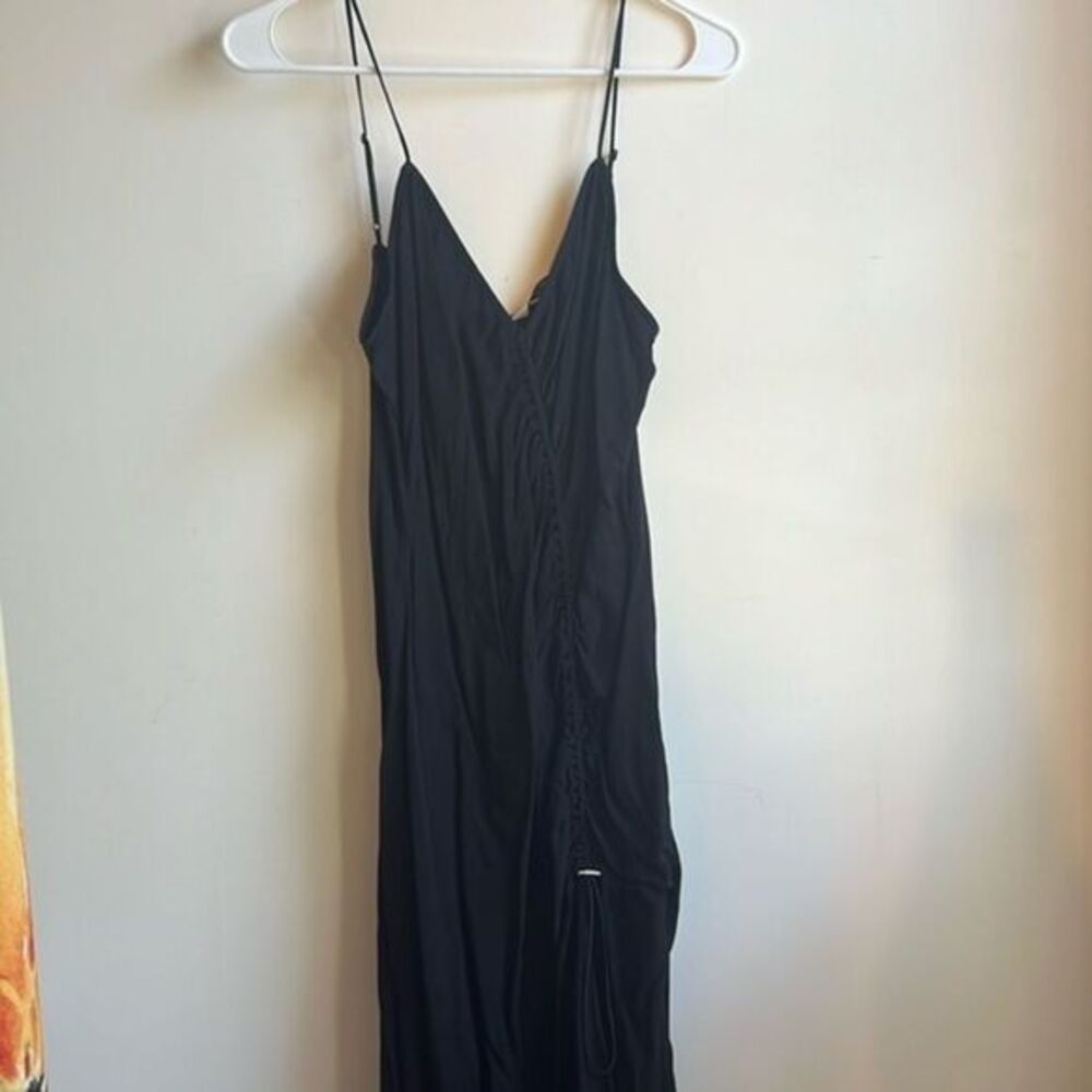 &other stories black midi long strapless dress with drawstring in front size 12